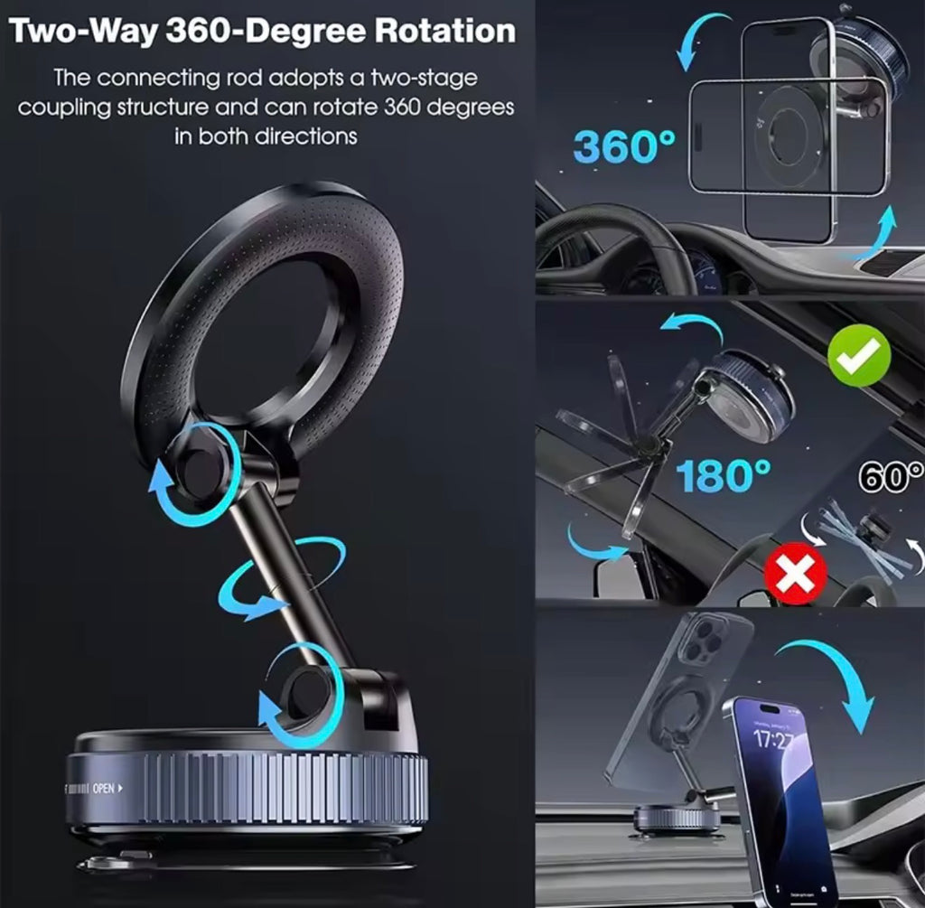 360° Magnetic Vacuum Car Phone Mount – Foldable MagSafe Holder