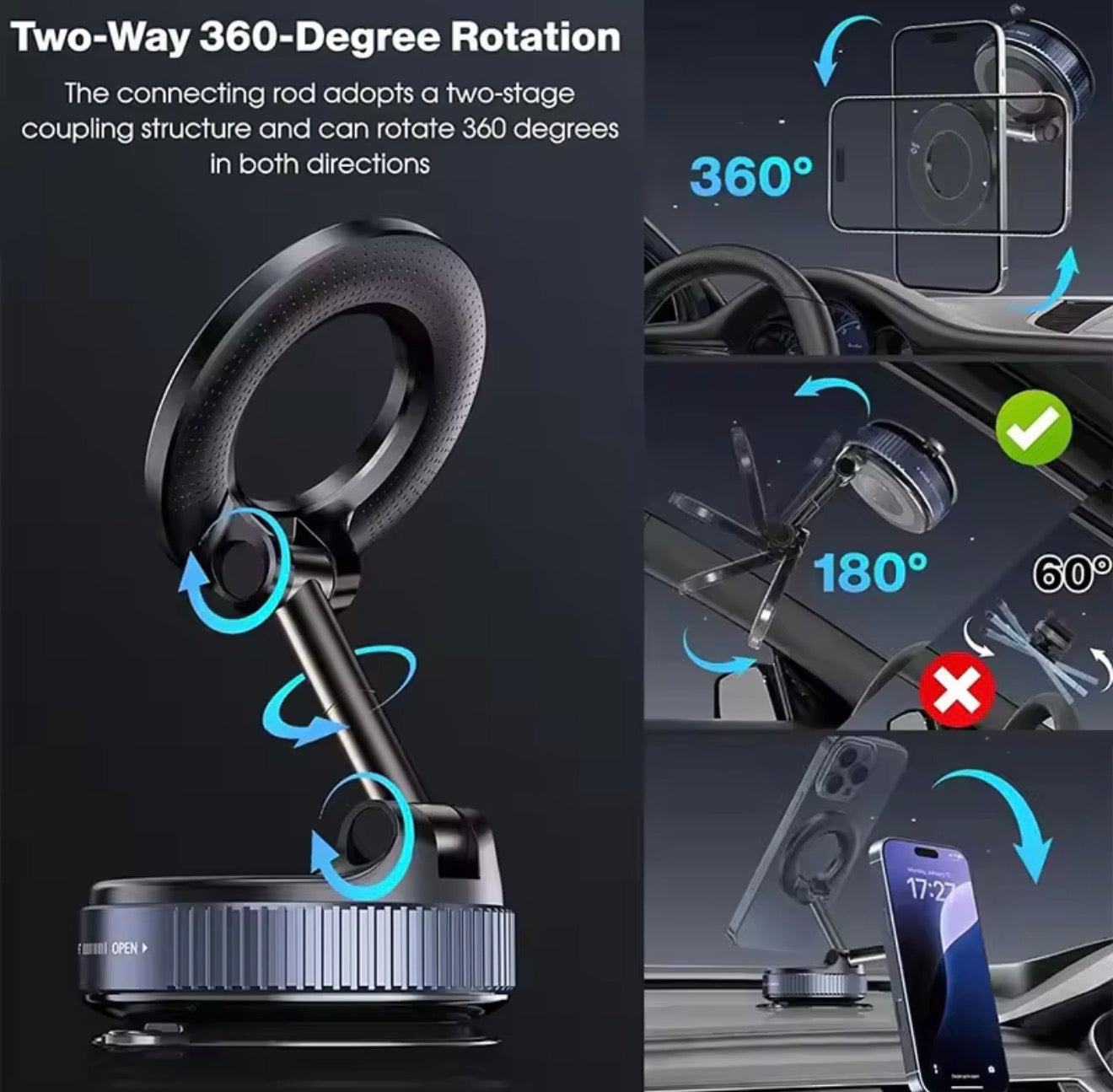 360° Magnetic Vacuum Car Phone Mount – Foldable MagSafe Holder